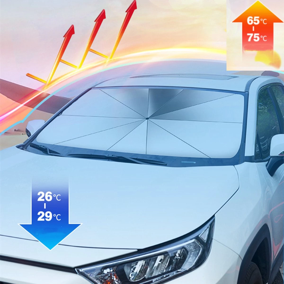 EXTRA GROOT Zonnescherm / Autoparaplu - Binnenkant Voorruit Auto - Opvouwbaar - Hitte En UV Bescherming 148X86cm - Afbeelding 9