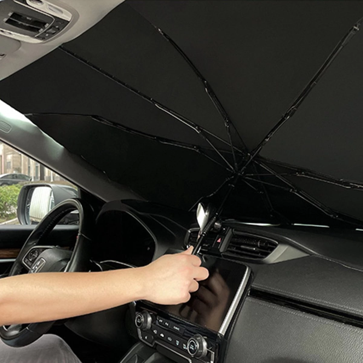 EXTRA GROOT Zonnescherm / Autoparaplu - Binnenkant Voorruit Auto - Opvouwbaar - Hitte En UV Bescherming 148X86cm - Afbeelding 10