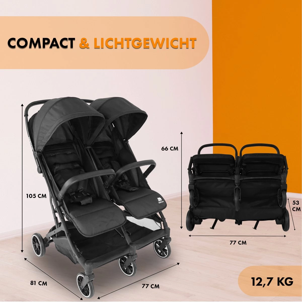 Deryan Luxe Rolo X2 Dubbele Buggy - Duo Buggy - Zwart - Afbeelding 4