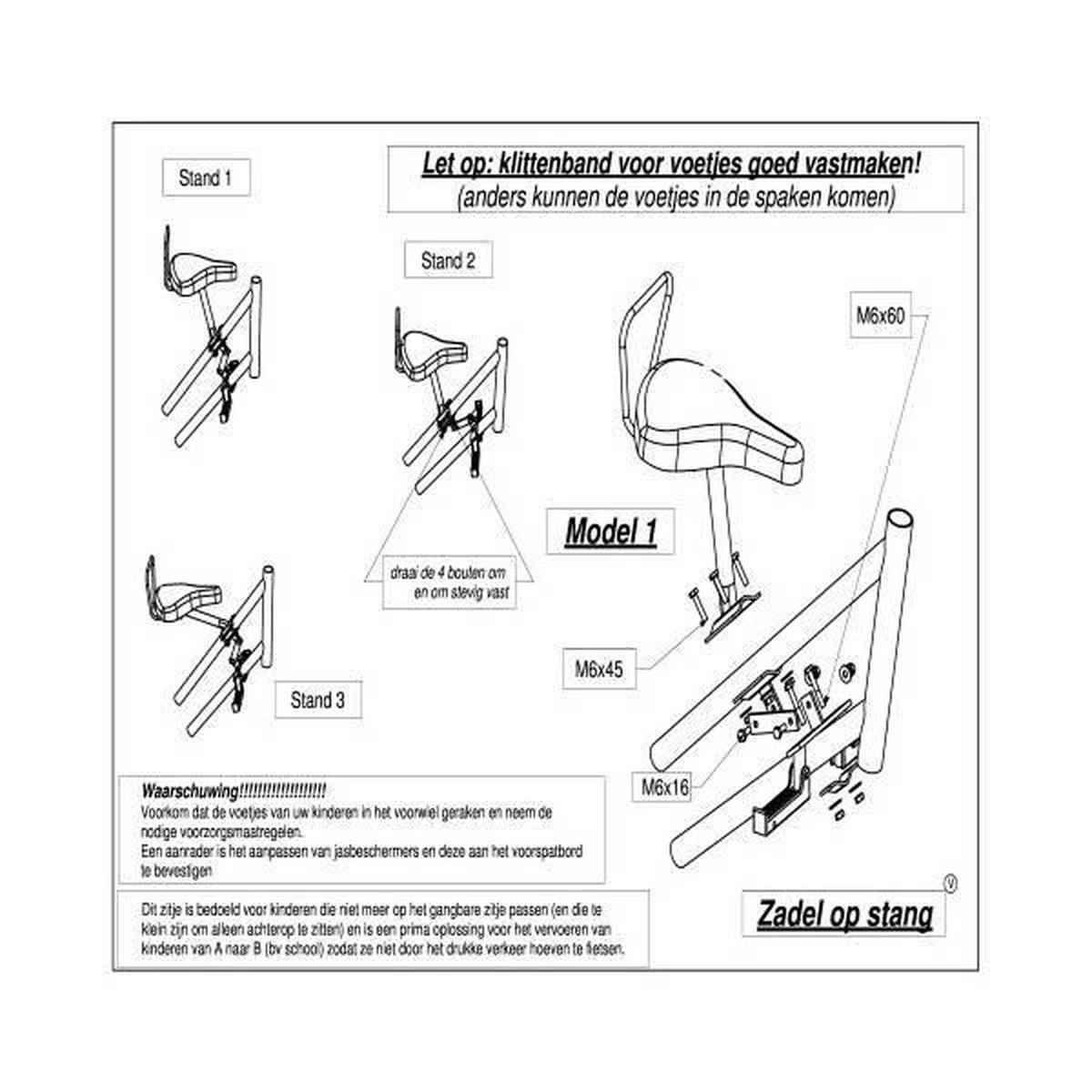 Zadel Op Stang Model 1 Kinderzitje Voor Damesfiets Met 2 Dunne Stangen - Nooit Meer Zwaar Sturen - Afbeelding 3