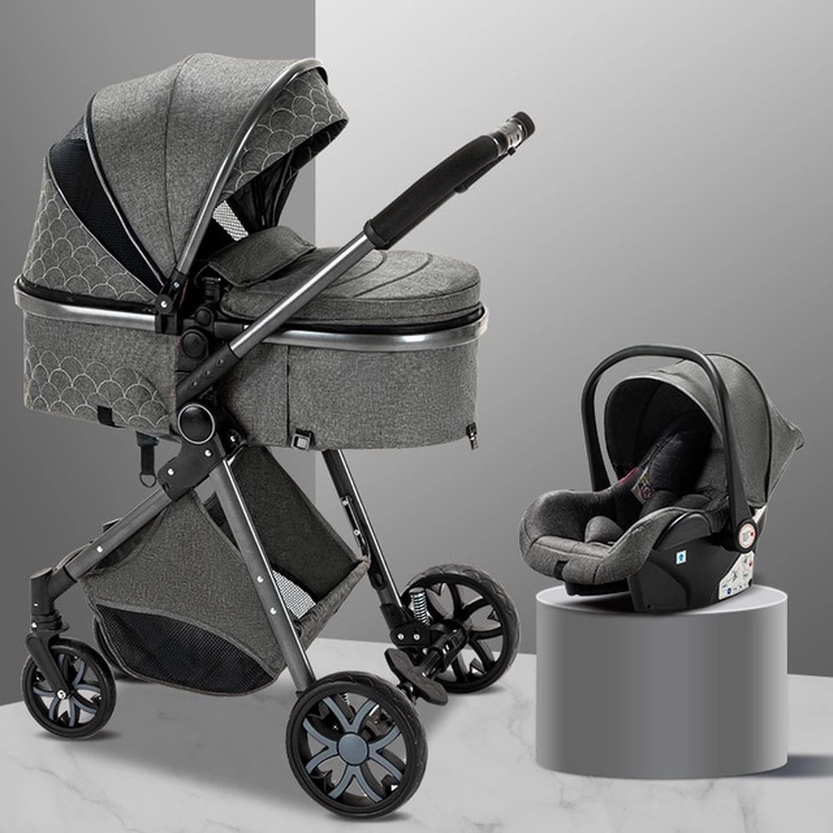 Merkloos Kinderwagen 3-in-1 – Luxe Kinderwagen - Buggy – Wandelwagen - Multifunctioneel – Opklapbaar – Incl Autostoel – Donkergrijs