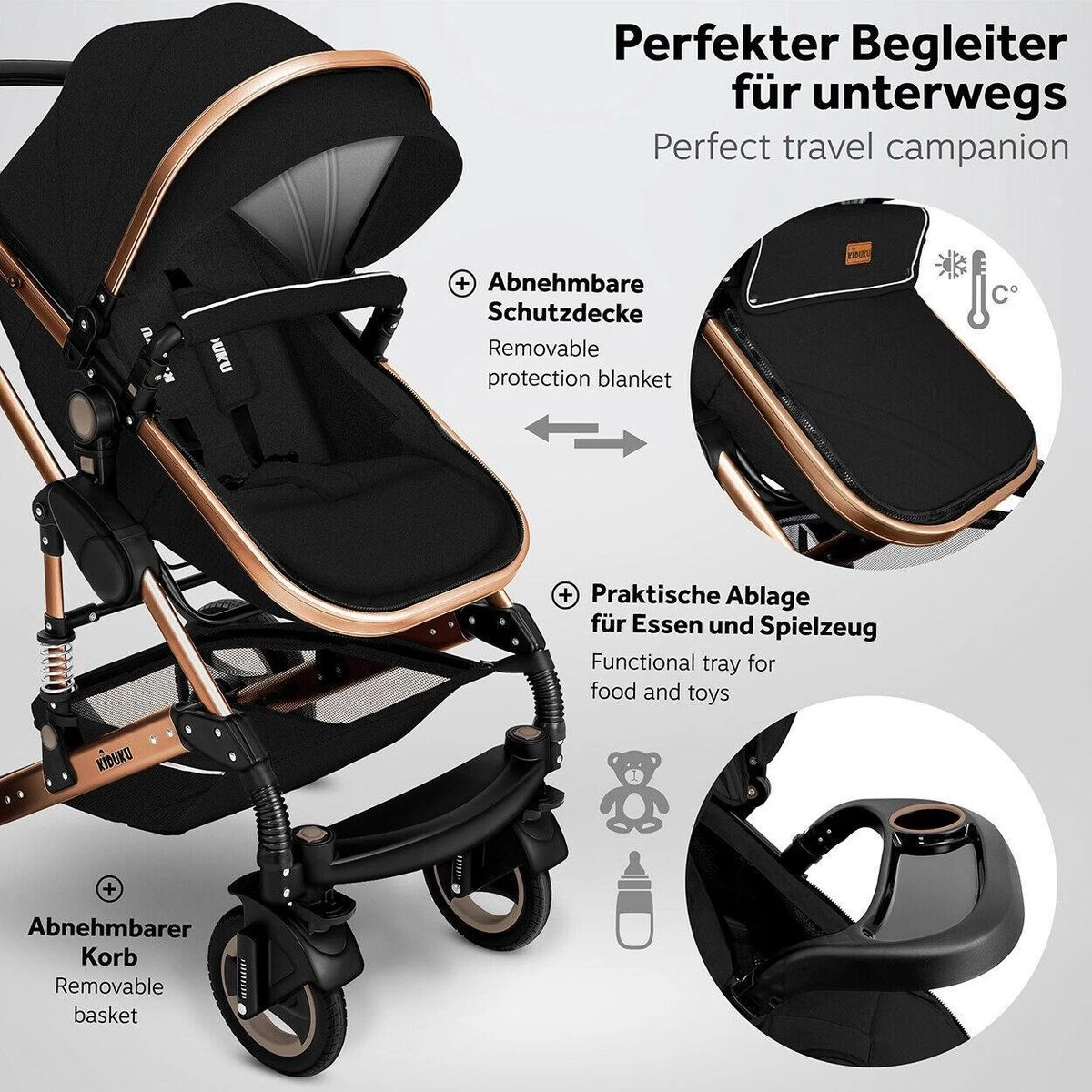 KIDUKU- 3 In 1 Combi-kinderwagen- Zwart/goud- Buggy Incl. Autostoeltje-regenhoes- Inklapbaar - Afbeelding 2