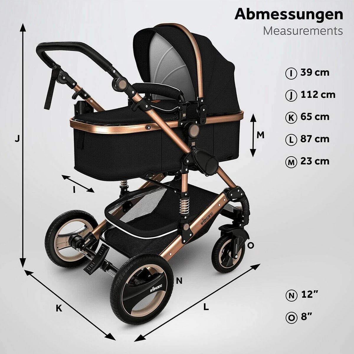 KIDUKU- 3 In 1 Combi-kinderwagen- Zwart/goud- Buggy Incl. Autostoeltje-regenhoes- Inklapbaar - Afbeelding 3