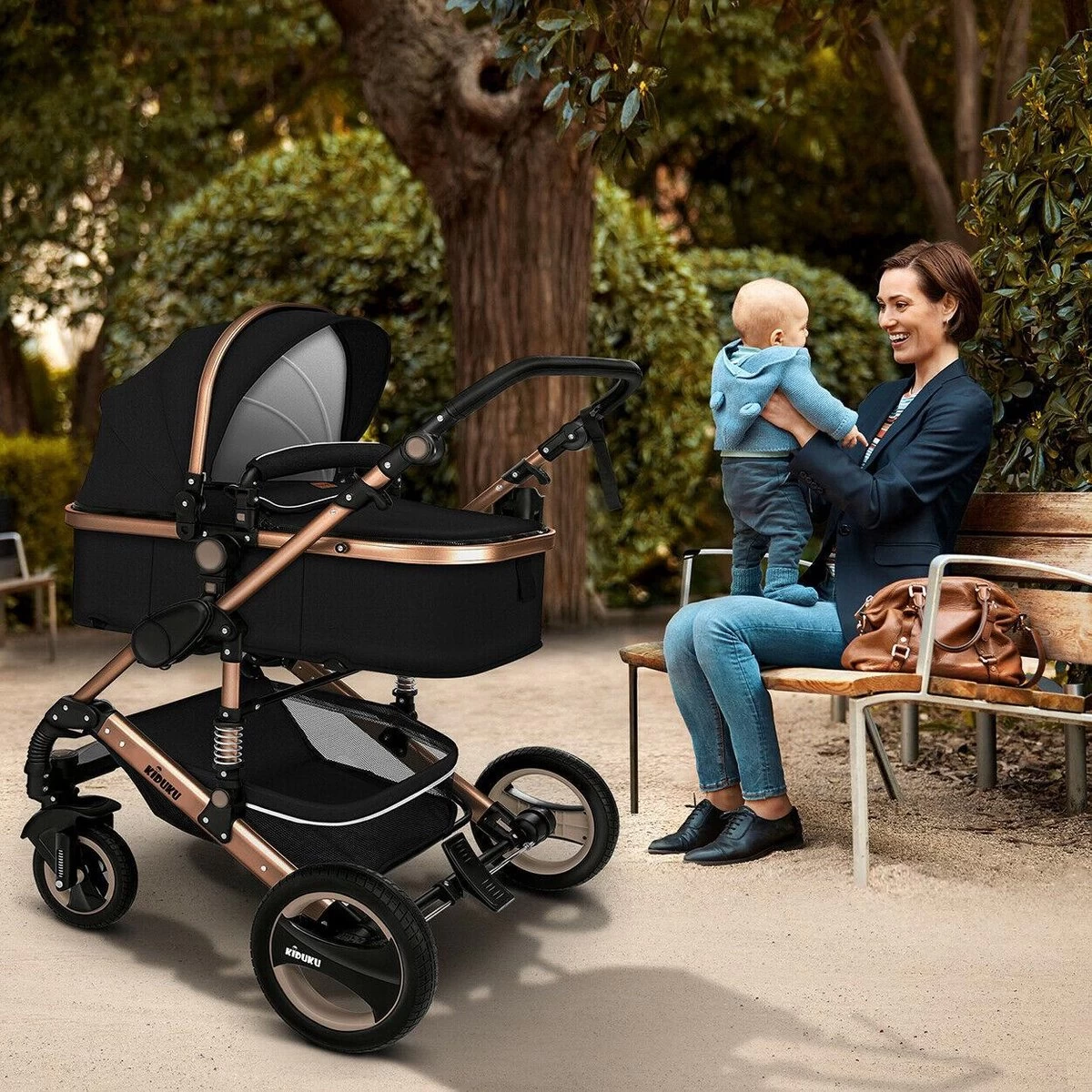 KIDUKU- 3 In 1 Combi-kinderwagen- Zwart/goud- Buggy Incl. Autostoeltje-regenhoes- Inklapbaar - Afbeelding 5