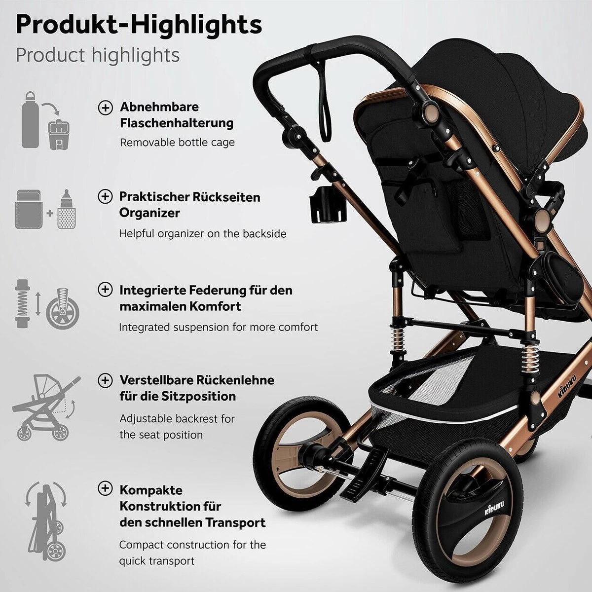 KIDUKU- 3 In 1 Combi-kinderwagen- Zwart/goud- Buggy Incl. Autostoeltje-regenhoes- Inklapbaar - Afbeelding 6