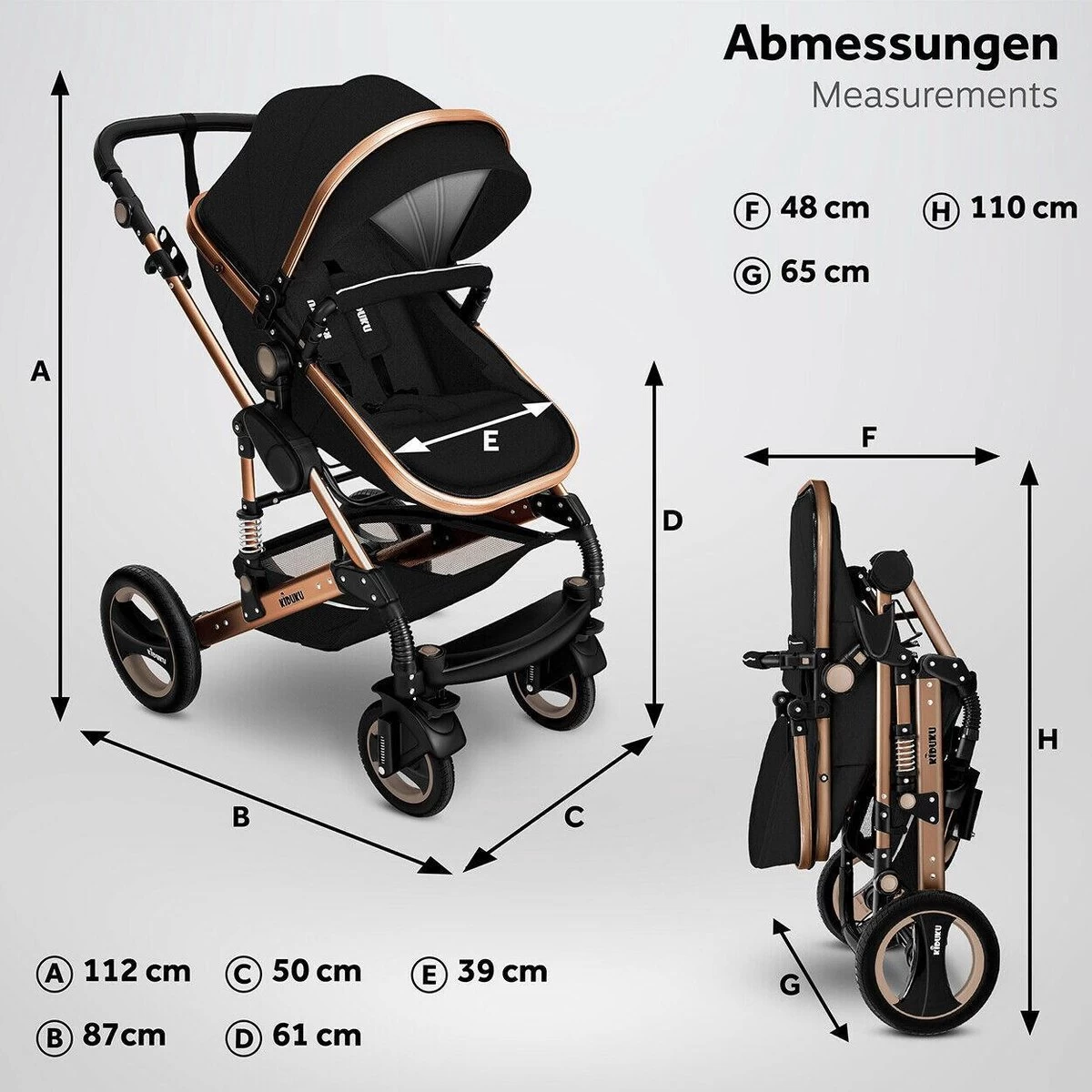 KIDUKU- 3 In 1 Combi-kinderwagen- Zwart/goud- Buggy Incl. Autostoeltje-regenhoes- Inklapbaar - Afbeelding 7