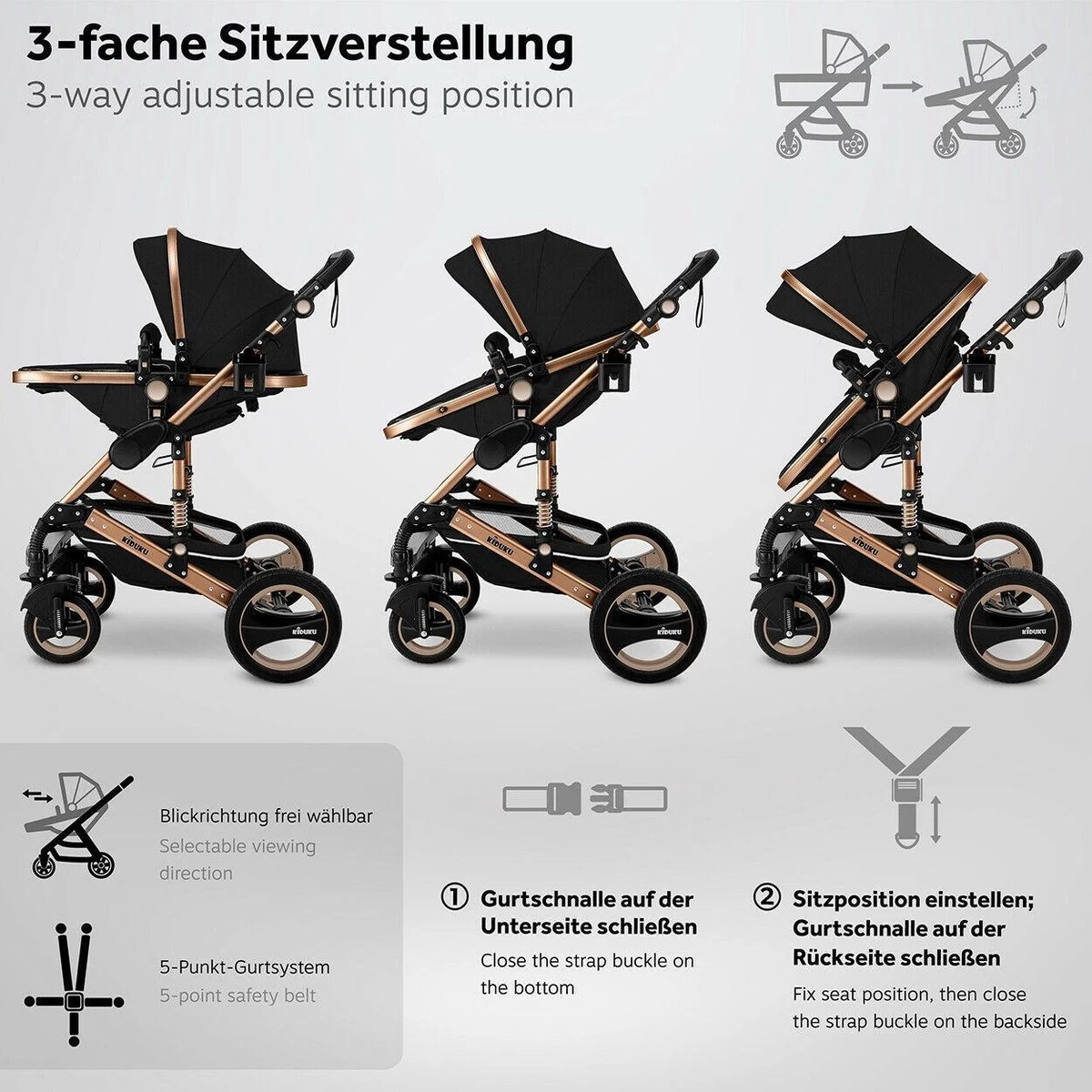KIDUKU- 3 In 1 Combi-kinderwagen- Zwart/goud- Buggy Incl. Autostoeltje-regenhoes- Inklapbaar - Afbeelding 8