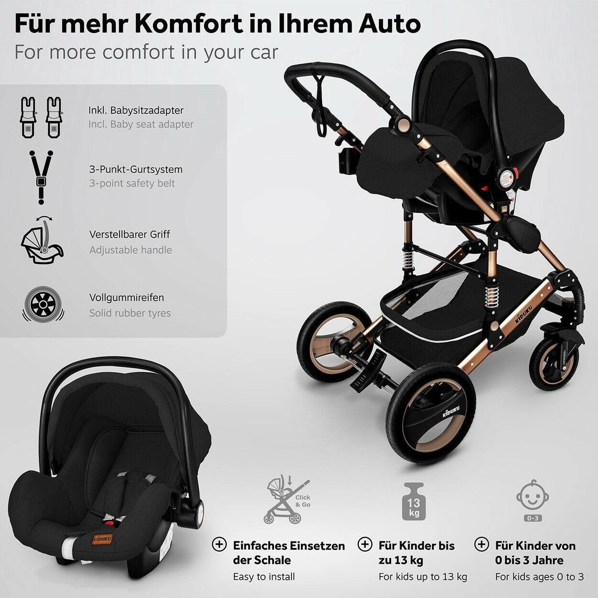 KIDUKU- 3 In 1 Combi-kinderwagen- Zwart/goud- Buggy Incl. Autostoeltje-regenhoes- Inklapbaar - Afbeelding 10