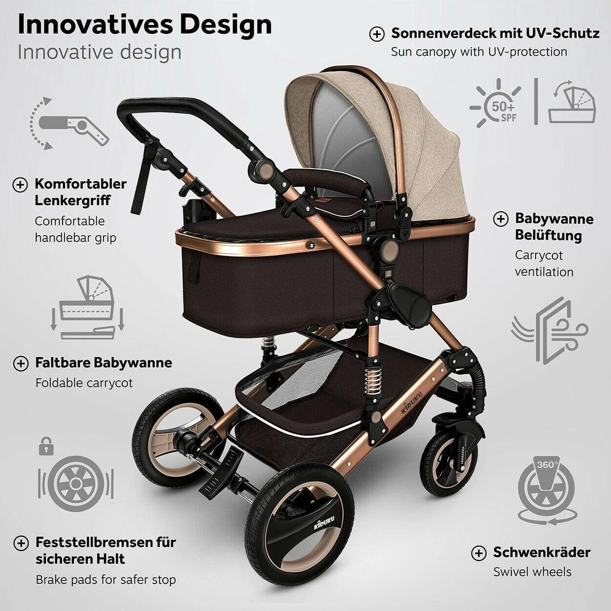 KIDUKU- 3 In 1 Combi-kinderwagen- Bruin/goud- Buggy Incl. Autostoeltje-regenhoes- Inklapbaar - Afbeelding 3