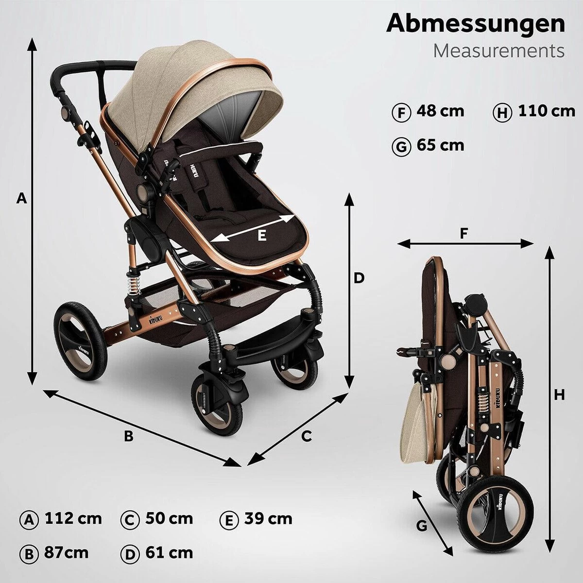 KIDUKU- 3 In 1 Combi-kinderwagen- Bruin/goud- Buggy Incl. Autostoeltje-regenhoes- Inklapbaar - Afbeelding 7