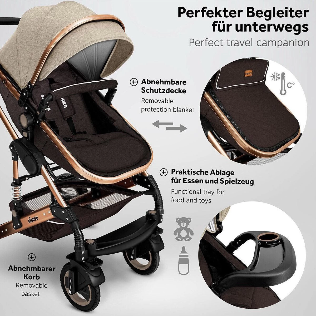 KIDUKU- 3 In 1 Combi-kinderwagen- Bruin/goud- Buggy Incl. Autostoeltje-regenhoes- Inklapbaar - Afbeelding 8
