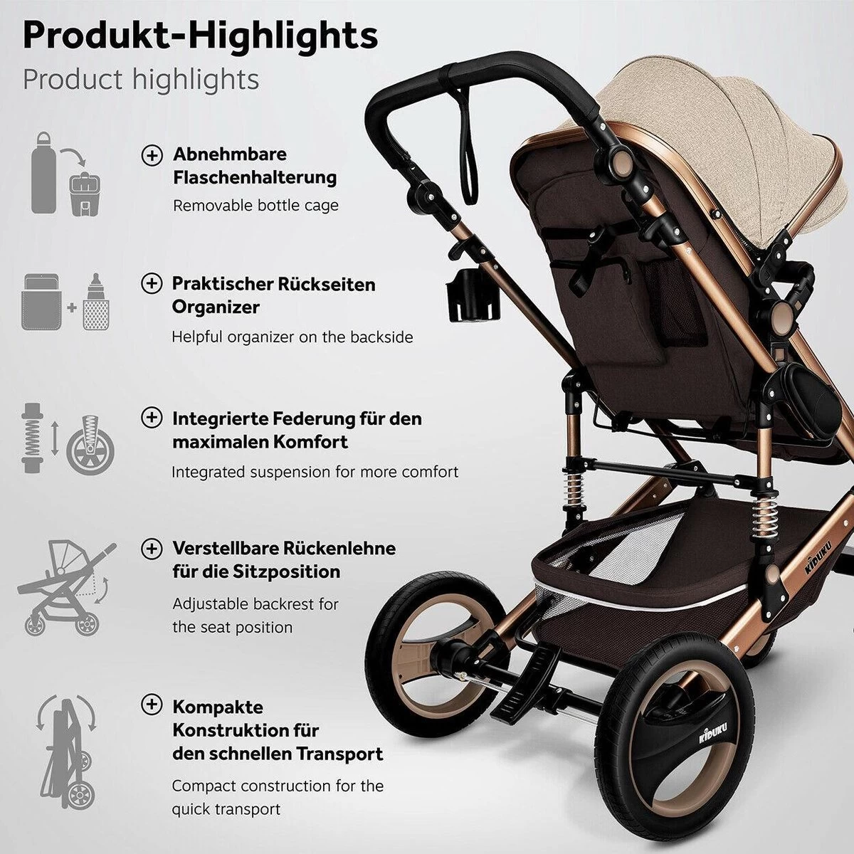 KIDUKU- 3 In 1 Combi-kinderwagen- Bruin/goud- Buggy Incl. Autostoeltje-regenhoes- Inklapbaar - Afbeelding 9