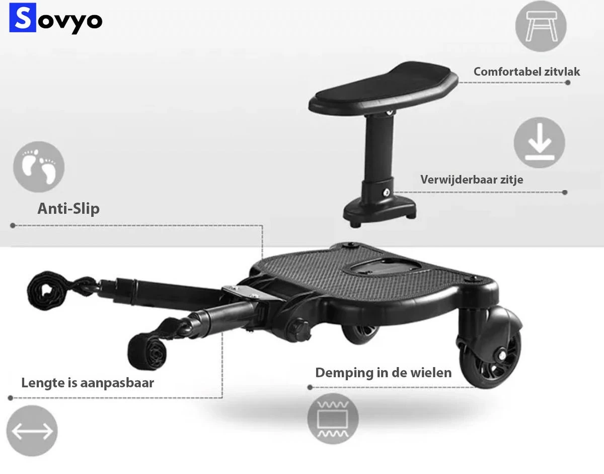 Merkloos Meerijdplankje Universeel Buggy/Kinderwagen - Kinderwagen Accessoire Met Afneembaar Zitje Van Hoogwaardige Kwaliteit - Verstelbaar Meerijdplankje - Afbeelding 9