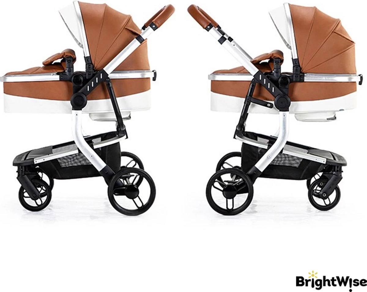Merkloos BrightWise® Luxe Kinderwagen 3 In 1 Voldoet Aan Alle Europese Veiligheidscertificaten - Wandelwagen - Kinderwagen 3-in-1 Incl Autostoel - Kinderwagen Maxi Cosi – Buggy 3 In 1 - Newborn - Leer - Bruin - Afbeelding 13