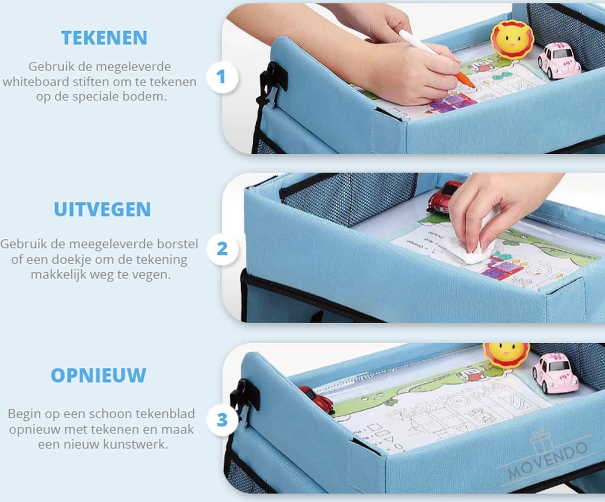 ‘’MOVENDO’’ Reistafel Voor Auto Kinderen – Autotafel – Speeltafel Auto – Travel Tray – Tekentafel – Opvouwbaar Met Tablethouder - Blauw - Afbeelding 3