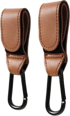 Merkloos Kinderwagen Haak Set Van 2 PU Leer Bruin -Verstelbare Buggy Haak - Luiertas Hangers Met Klittenband