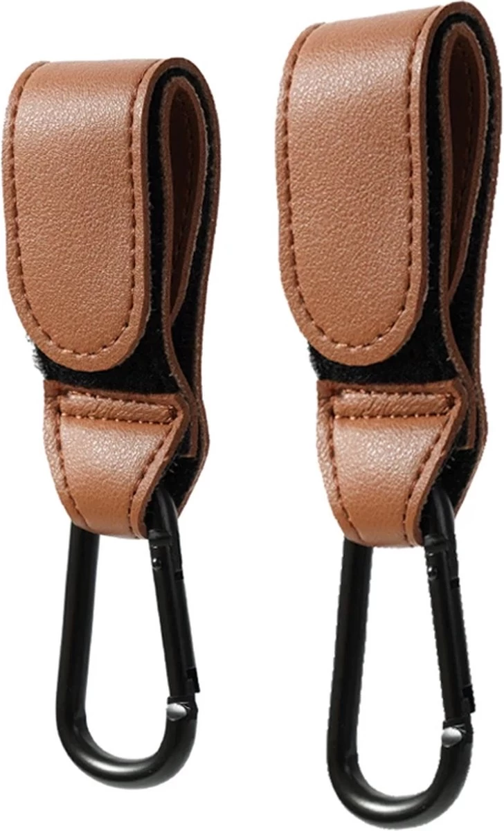 Merkloos Kinderwagen Haak Set Van 2 PU Leer Bruin -Verstelbare Buggy Haak - Luiertas Hangers Met Klittenband