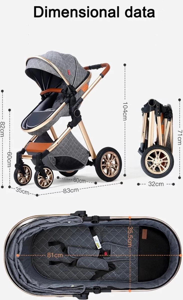 Merkloos Luxe Multi-functionele 3 In 1 Kinderwagen - Kwalitatieve Buggy - Opklapbare Wandelwagen - Khaki - Afbeelding 6