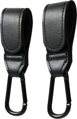Merkloos Kinderwagen Haak Set Van 2 PU Leer Zwart -Verstelbare Buggy Haak - Luiertas Hangers Met Klittenband