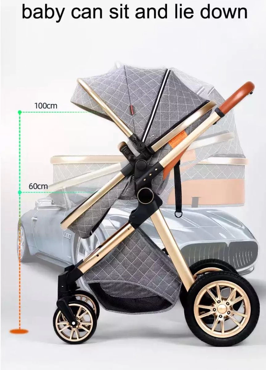 Merkloos Luxe Multi-functionele 3 In 1 Kinderwagen - Kwalitatieve Buggy - Opklapbare Wandelwagen - Khaki - Afbeelding 3
