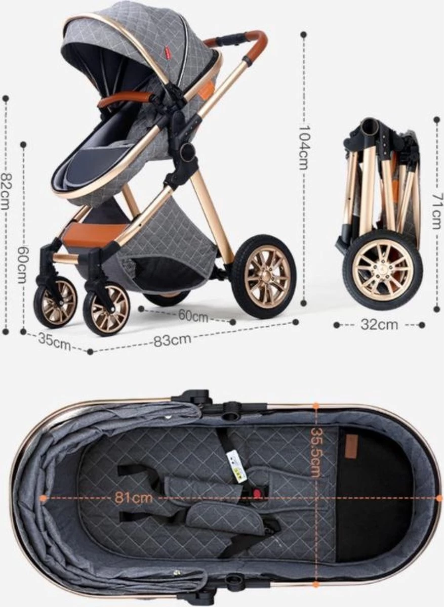 Merkloos Kinderwagen 3-in-1 – Luxe Kinderwagen - Buggy – Wandelwagen - Multifunctioneel – Opklapbaar – Incl Autostoel – Donkergrijs - Afbeelding 5