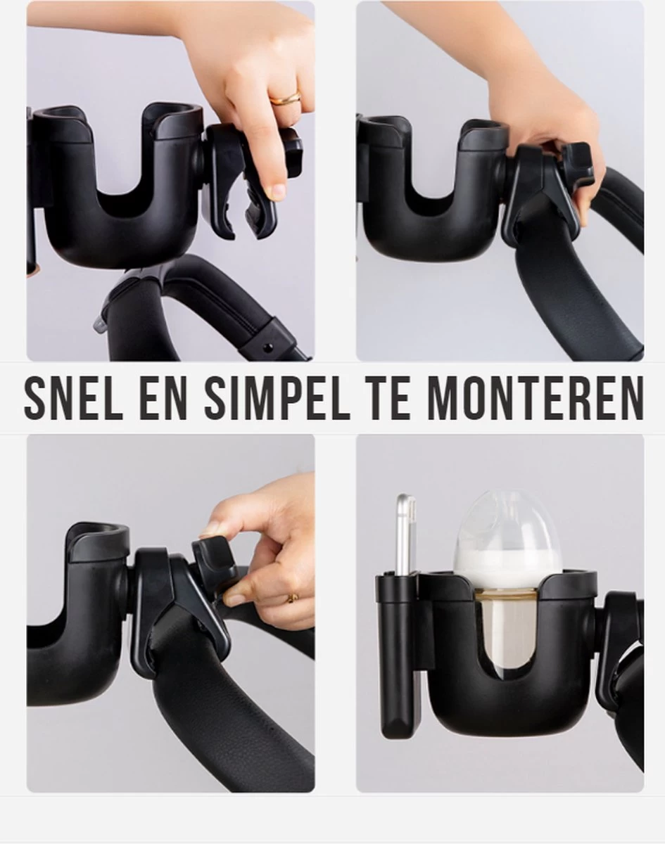 Merkloos Allernieuwste Universele Bekerhouder PLUS Telefoonhouder Voor Kinderwagen, Buggy En Fiets - Kinderwagen Accessoires - Combi 2-in-1 - ZWART - Afbeelding 5